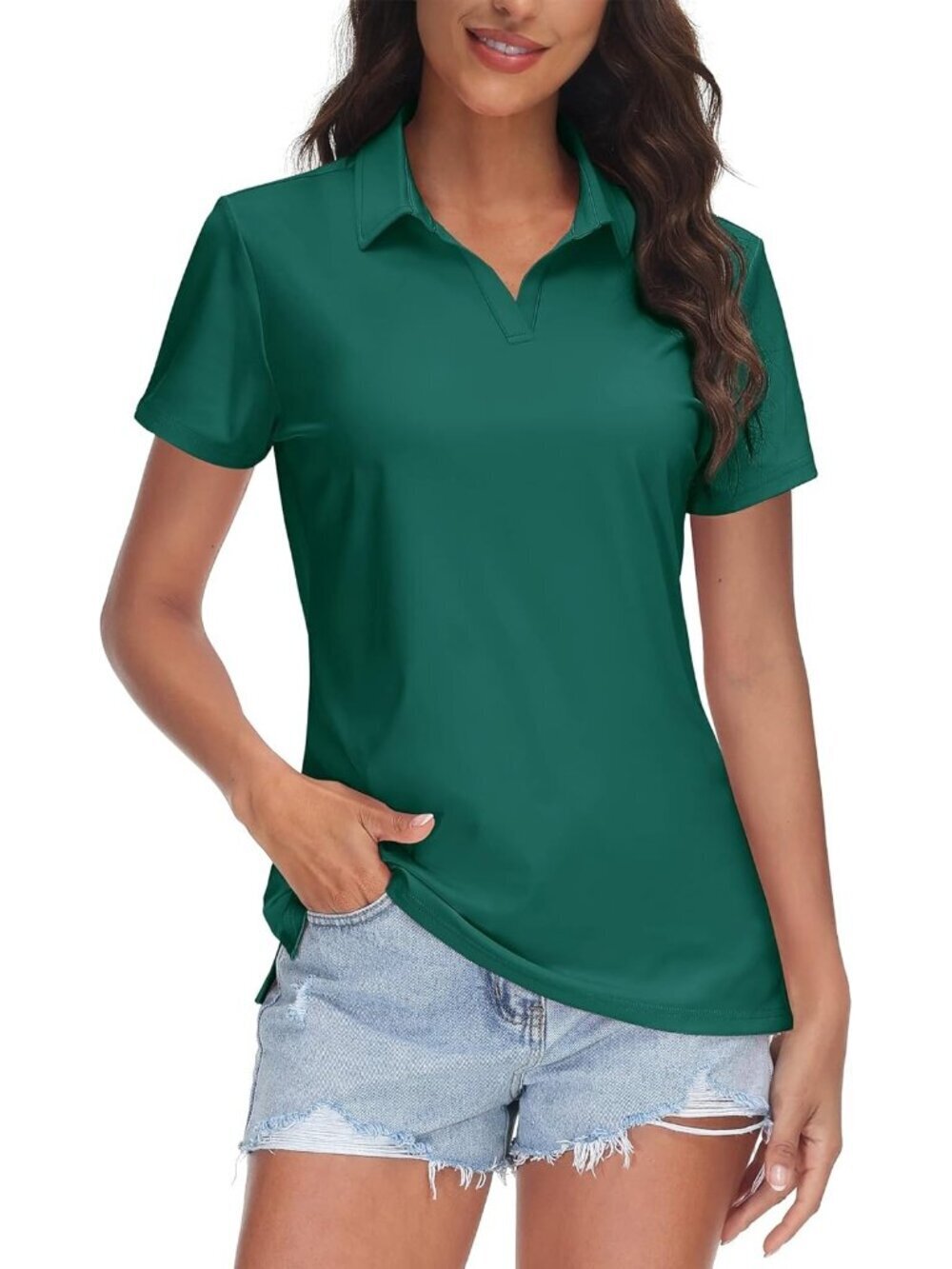 Women's 05-e Green V-Neck Polo Shirts UPF50+ Short Sleeve Golf Collared Tops